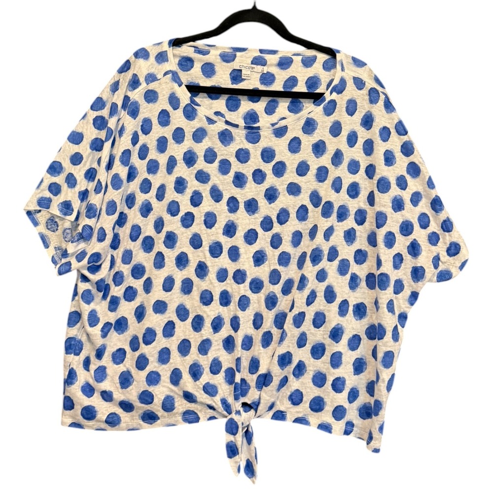 Chicos 100% Linen Blue Polka Dot Front Tie Top‎ Womens Size 4 XXL Short Sleeve